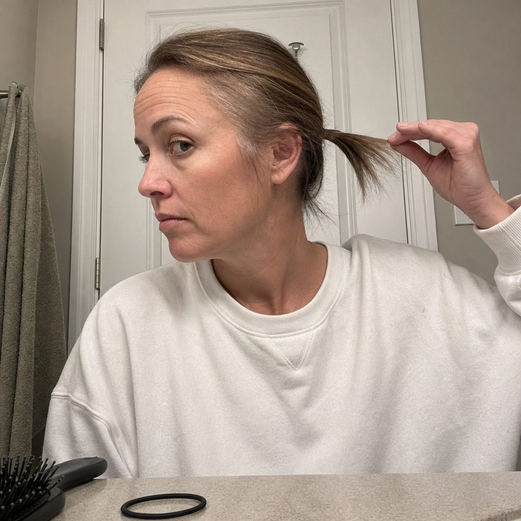 A woman holding out her thin, wispy ponytail