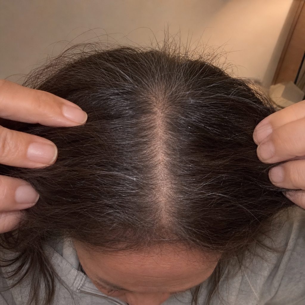 The top of a woman's head, center part with new baby hairs