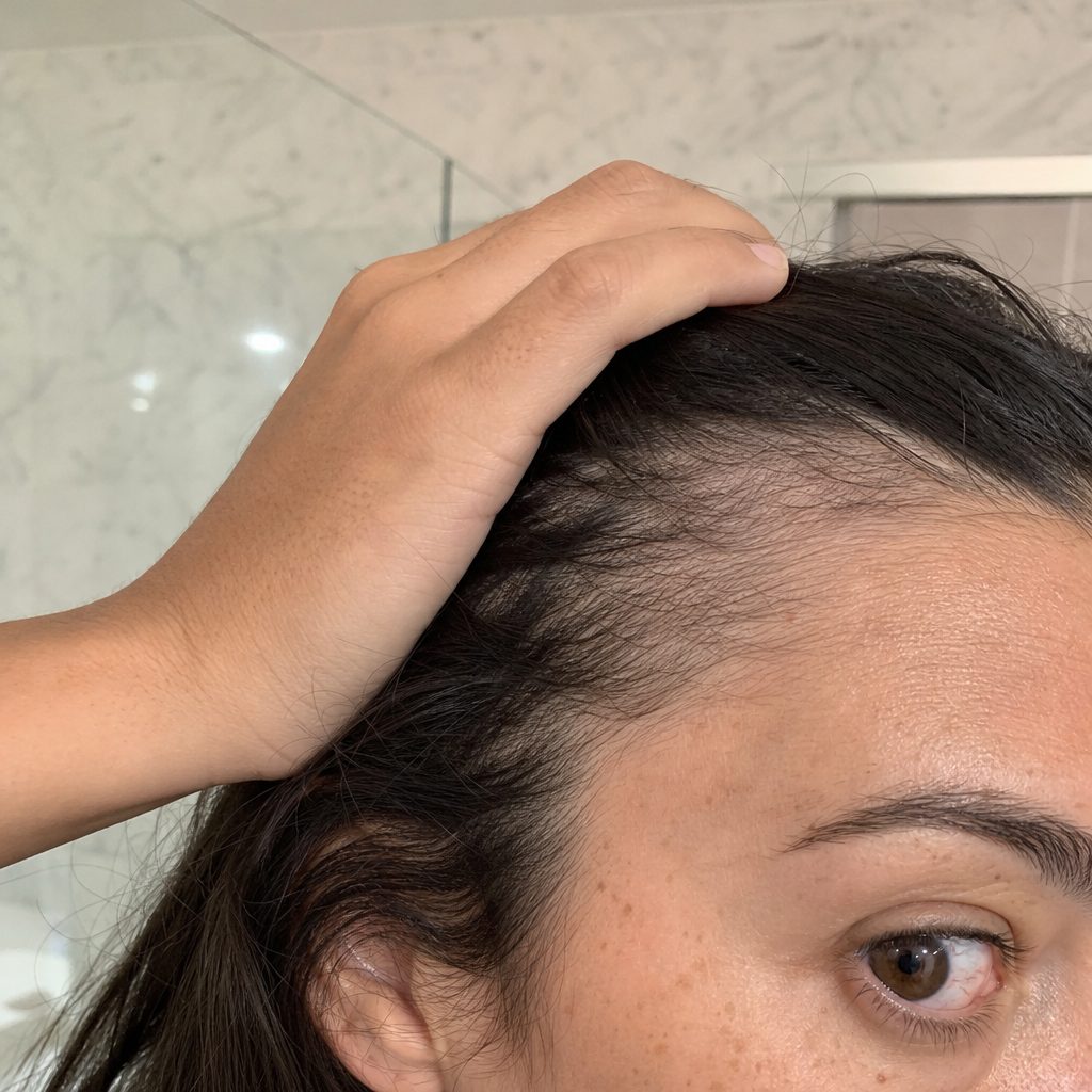 A thinning temple, fingers pushing the hair back