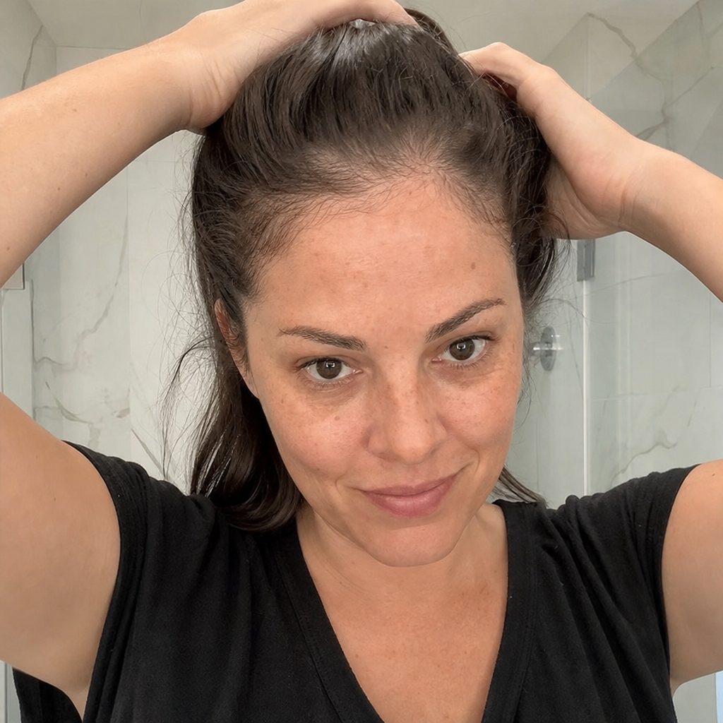 A woman pulling her hair back to show a full hairline with baby hairs