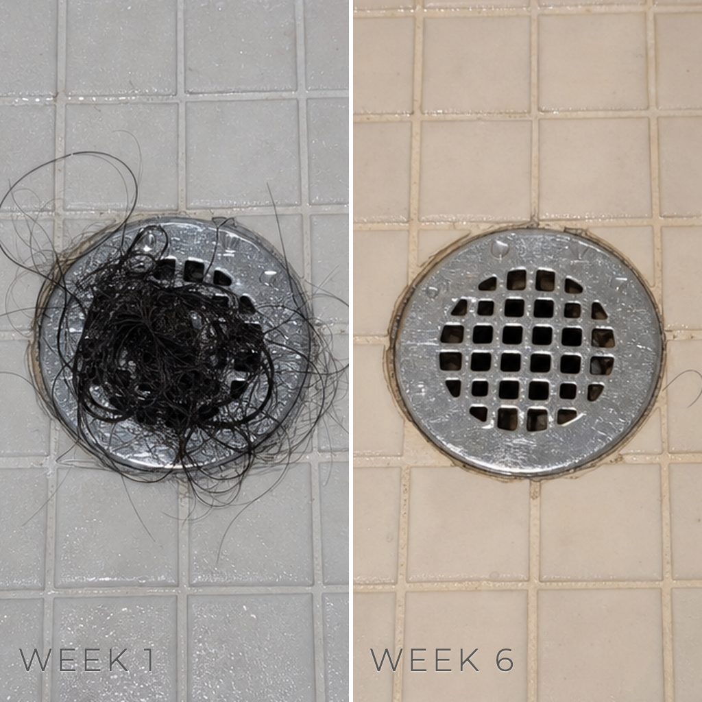 A shower drain covered in hair at week 1, nearly clear at week 6