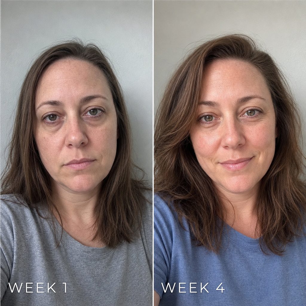 The same woman exhausted at week 1 and bright-eyed at week 4