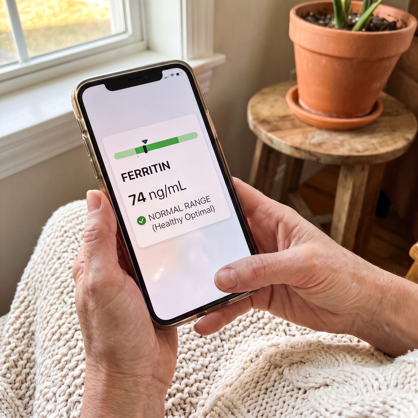 A phone showing a ferritin result of 74 ng/mL