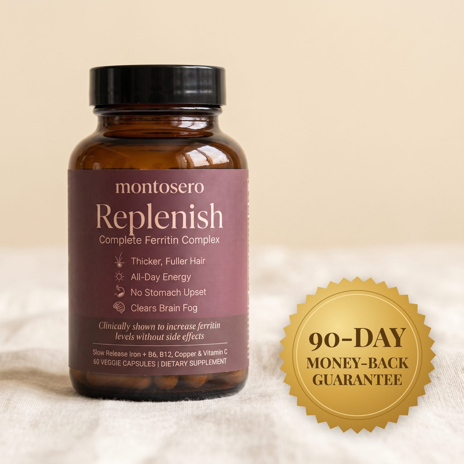 Replenish bottle with a 90-day money-back guarantee seal
