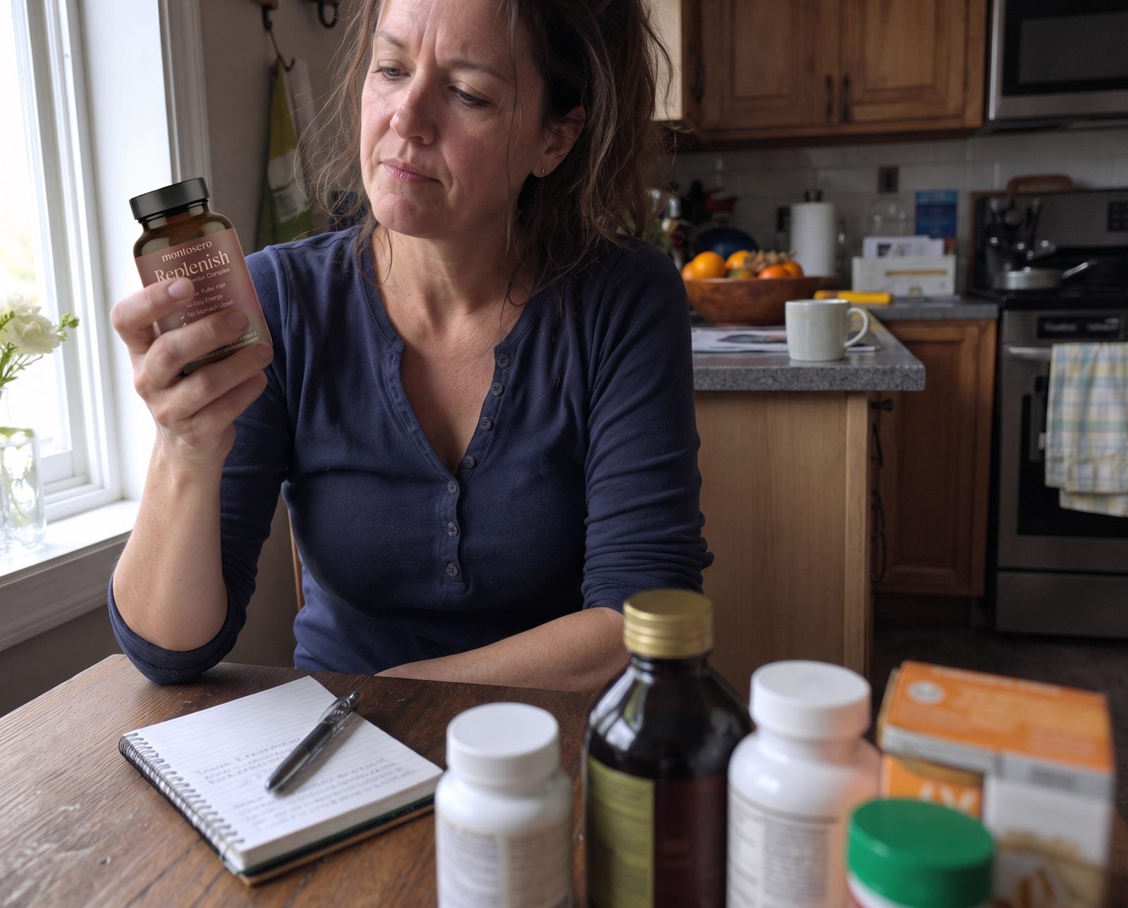 Reviewer reading the label on a bottle of Replenish, the other iron supplements in front of her