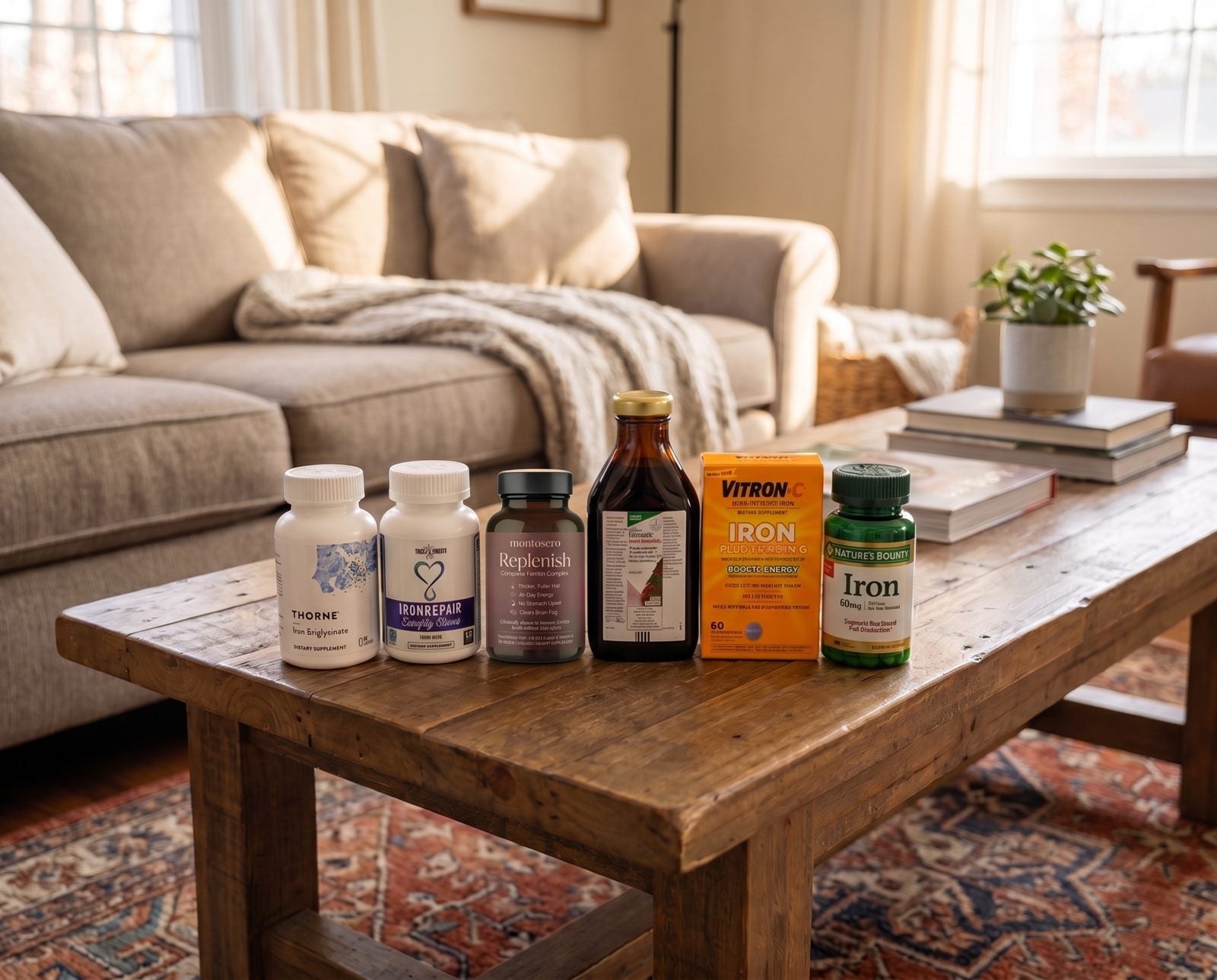 The six iron supplements we tested on a coffee table