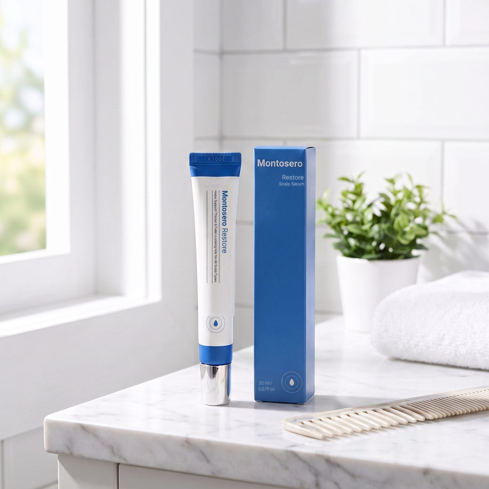 Montosero Restore scalp serum tube and box on a bathroom counter