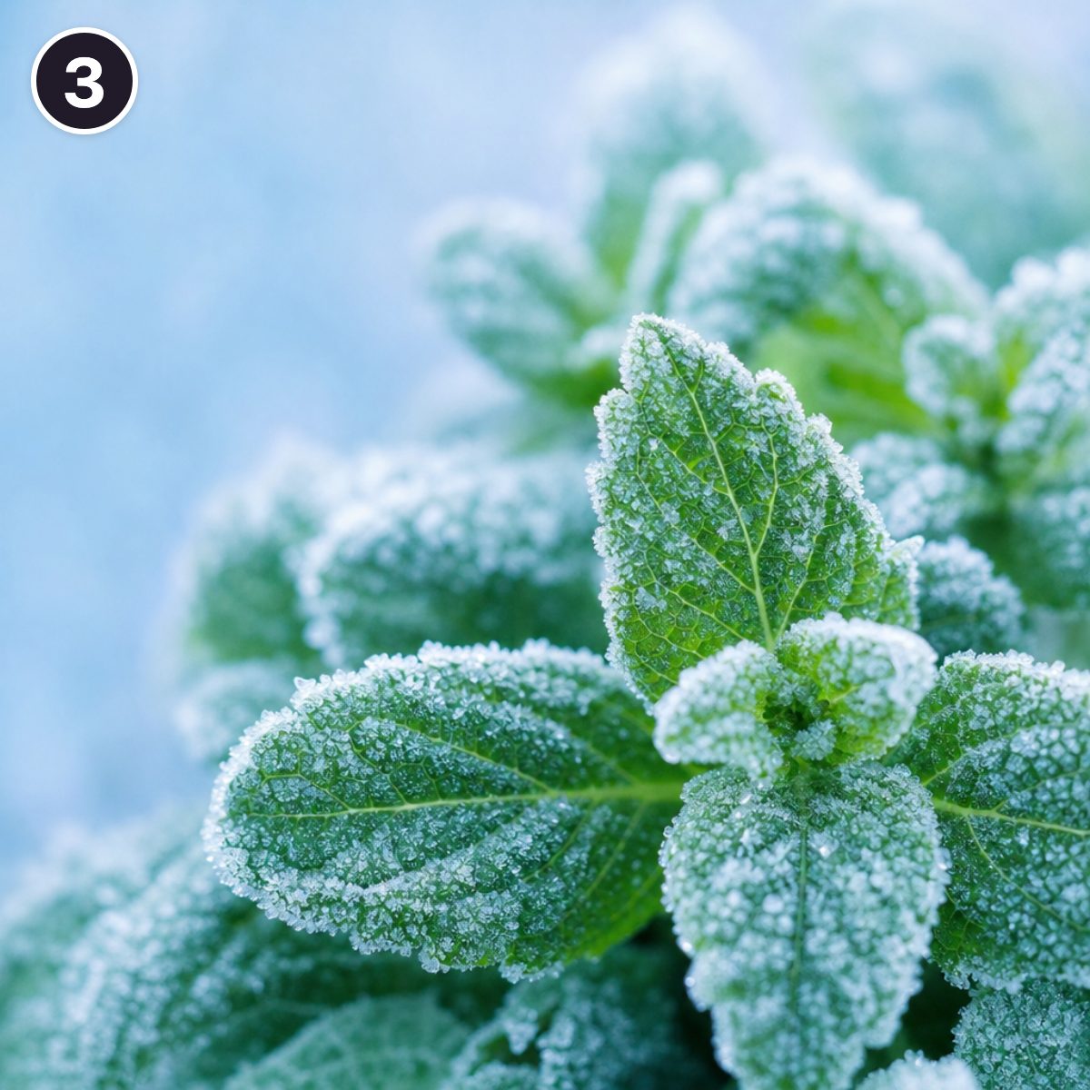 Cooling mint leaves with frost